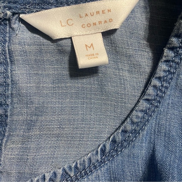 Lauren Conrad Blue Chambray Tencel Ruffle Cold Shoulder Top - Picture 4 of 5